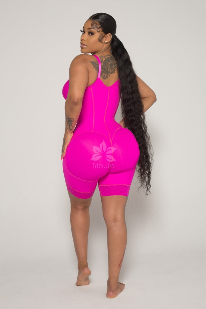 1017 Thin Strap With Bra Custom Faja Hot Pink / 1/2 Thigh High (Wear From Your 4Th Week Post Op)